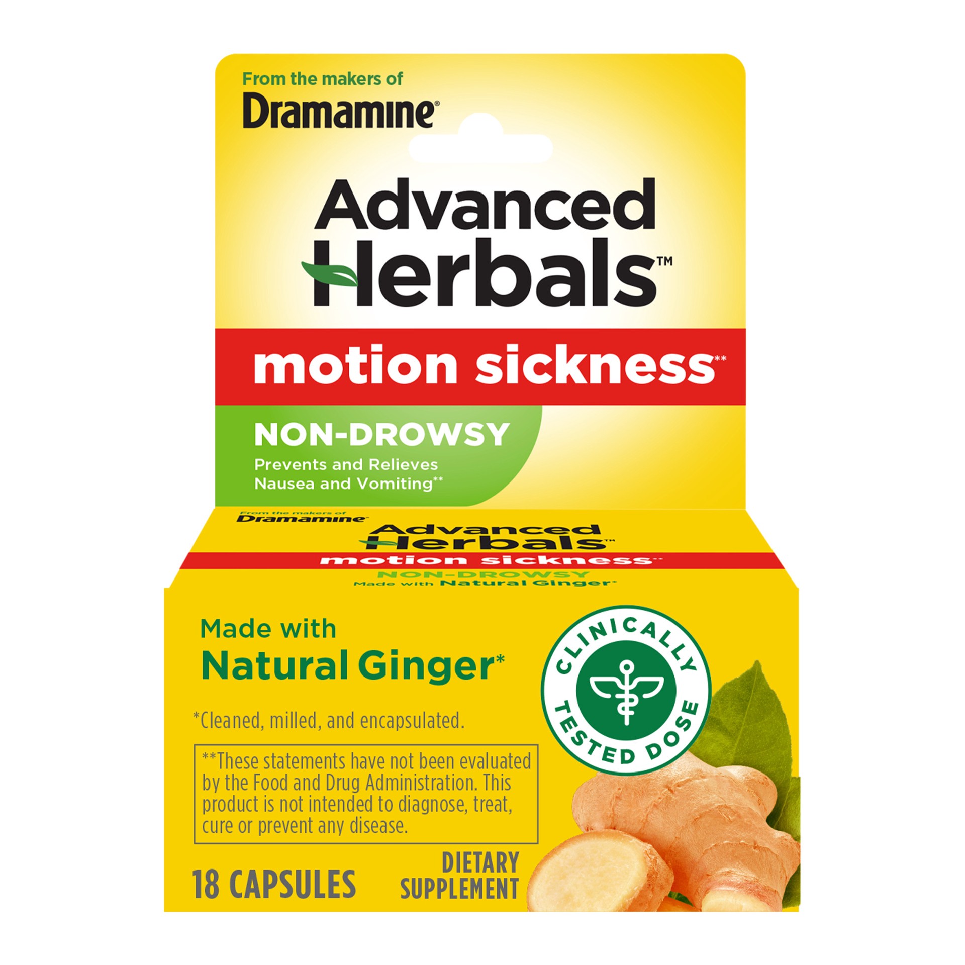 slide 1 of 5, Dramamine From the Makers of Dramamine, Advanced Herbals Motion Sickness Relief - Non-Drowsy, Naturals With Ginger, 18 Count, 18 ct
