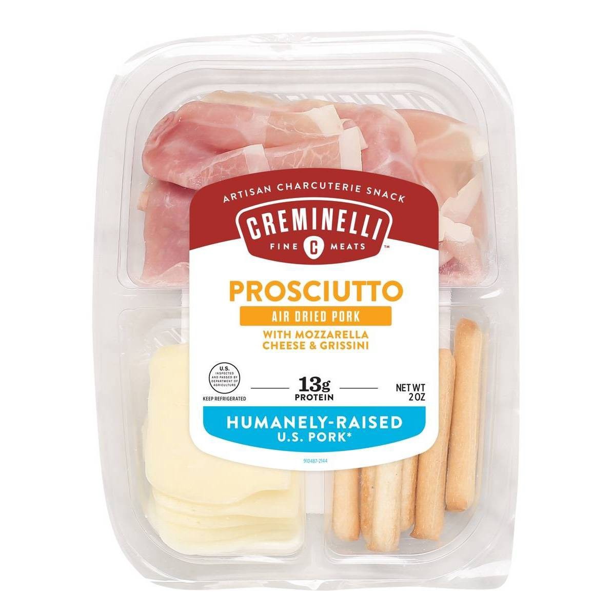 slide 1 of 3, Creminelli Fine Meats Creminelli Sliced Prosciutto & Mozzarella with Grissini, 2 oz