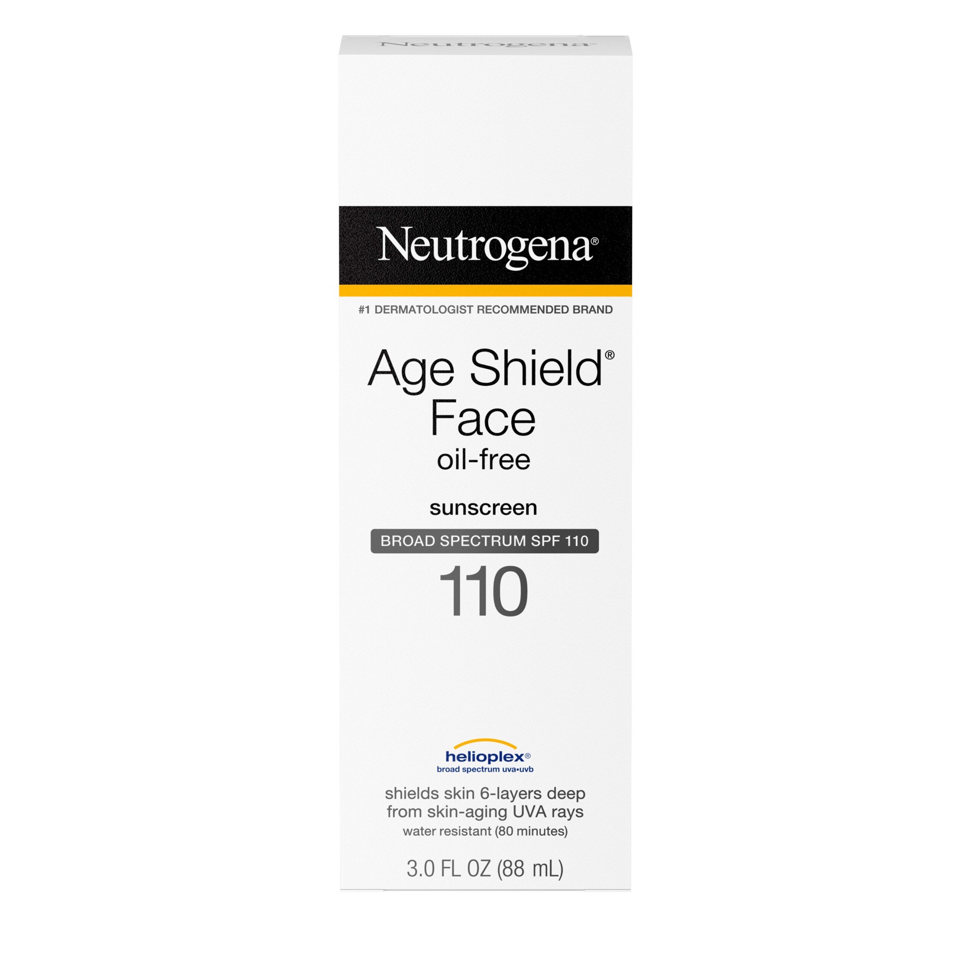 slide 3 of 5, Neutrogena Age Shield Face Oil-Free Sunscreen Lotion with Broad Spectrum SPF 110, Non-Comedogenic Moisturizing Anti-Aging Sunscreen to Help Prevent Signs of Aging, PABA-Free, 3 fl. oz, 