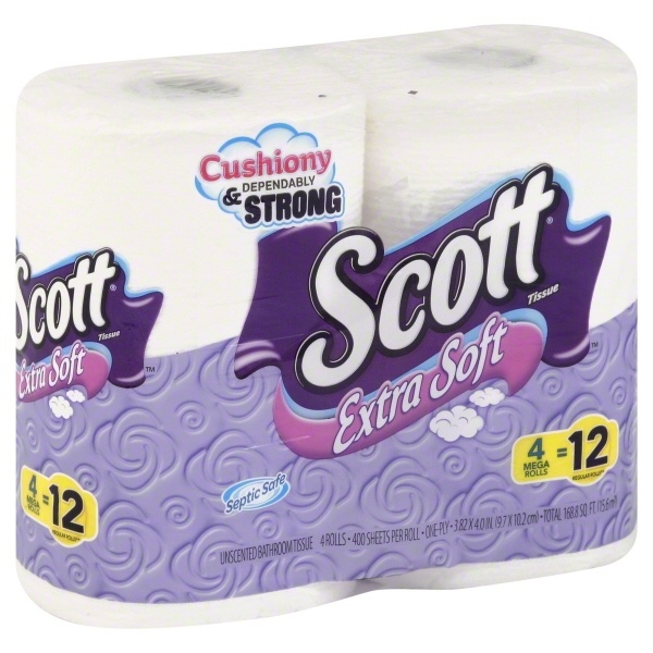 slide 1 of 1, Scott Extra Soft Bathroom Tissue, Unscented, Mega Roll, 1-Ply, 4 ct