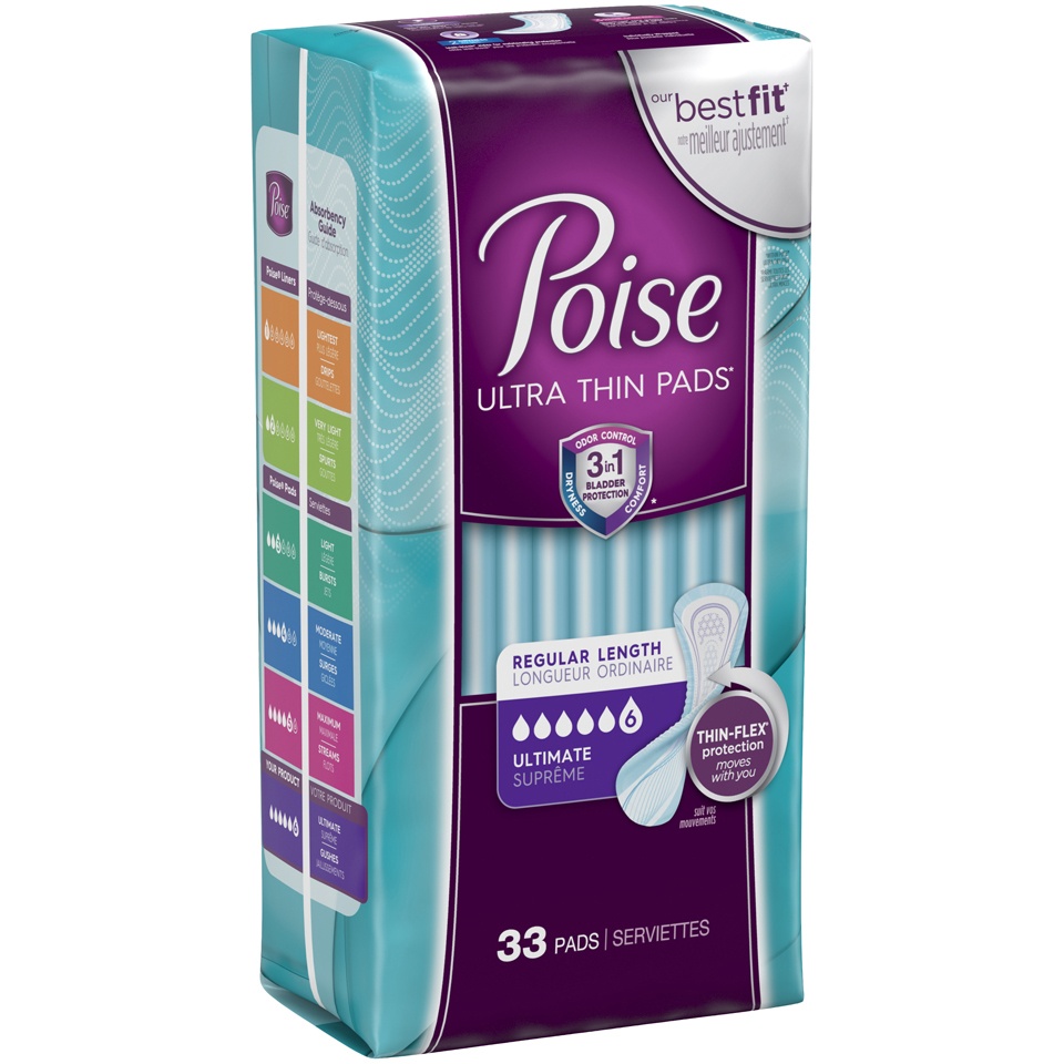 slide 2 of 3, Poise Thin-Shape Pads, Ultimate Absorbency, 33 ct