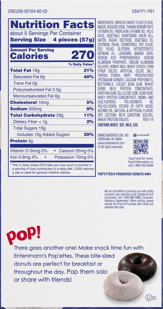 slide 7 of 9, Entenmann's Powdered Pop'ettes Mini Donuts, 11 oz, 28 ct