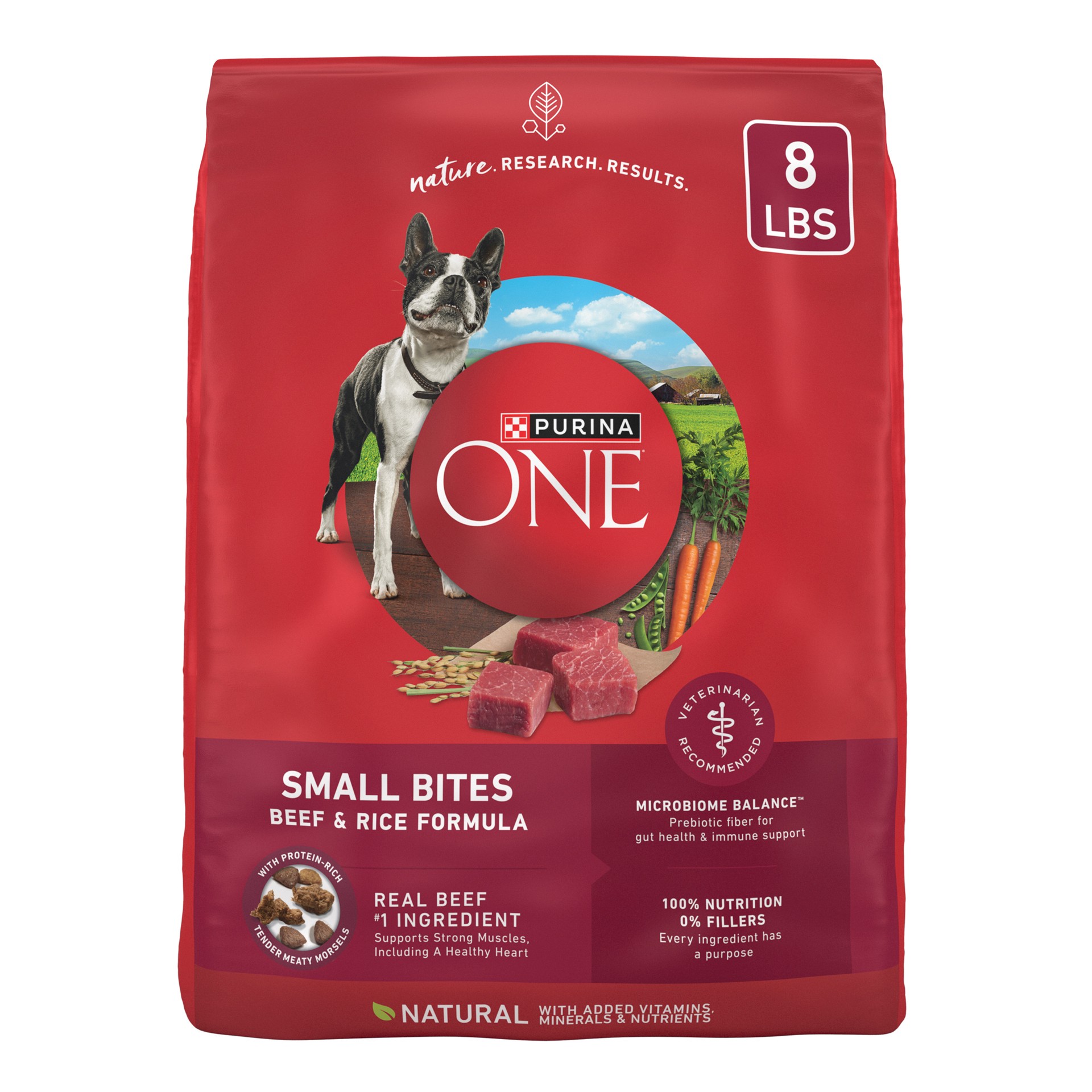 slide 1 of 9, ONE Purina ONE Small Bites Beef and Rice Formula Small High Protein Dry Dog Food Natural With Added Vitamins, Minerals and Nutrients, 8 lb