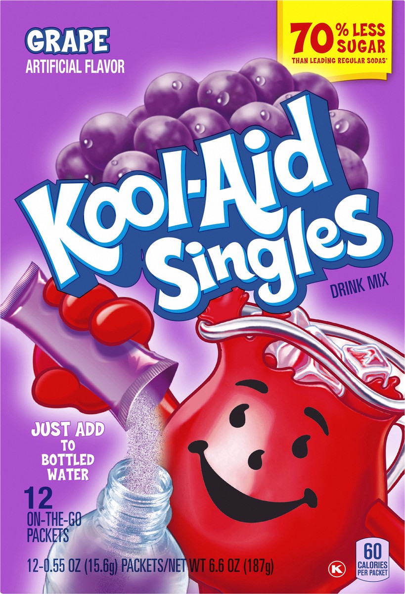 slide 5 of 13, Kool-Aid Singles Sugar-Sweetened Grape Artificially Flavored Powdered Soft Drink Mix, 12 ct On-the-Go-Packets, 12 ct