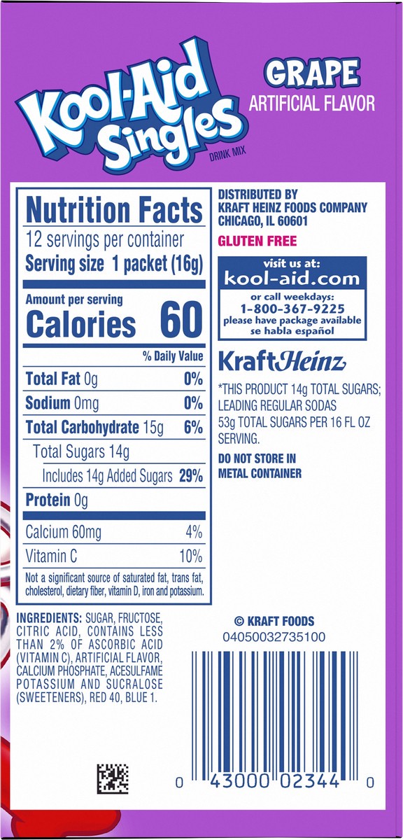 slide 12 of 13, Kool-Aid Singles Sugar-Sweetened Grape Artificially Flavored Powdered Soft Drink Mix, 12 ct On-the-Go-Packets, 12 ct