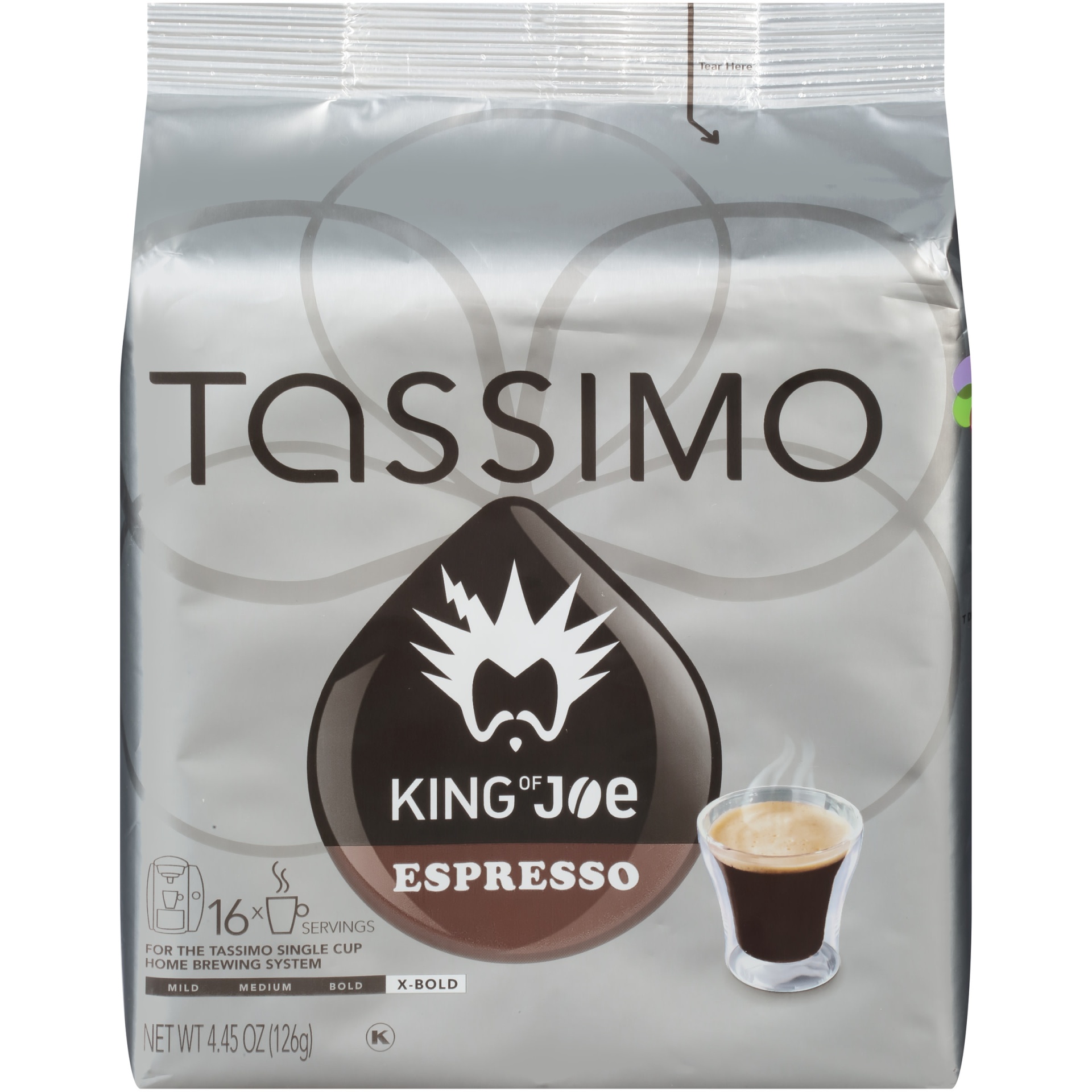 slide 1 of 2, Tassimo King of Joe Espresso Extra Bold Dark Roast Coffee T-Discs for Tassimo Single Cup Home Brewing Systems Pack, 4.5 oz