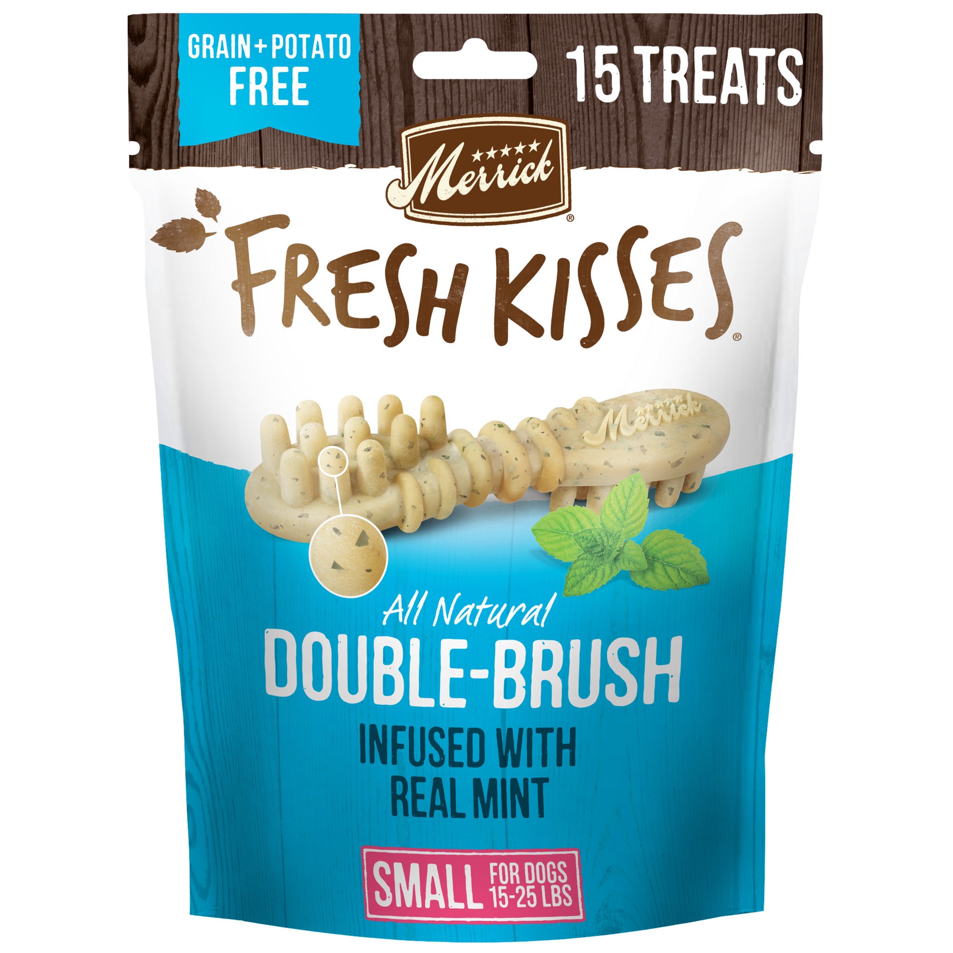 slide 1 of 4, Merrick Fresh Kisses Natural Dental Chews, Toothbrush Treat Shape Infused With Real Mint, Small Dogs 15-25 Lbs, 9.5 oz