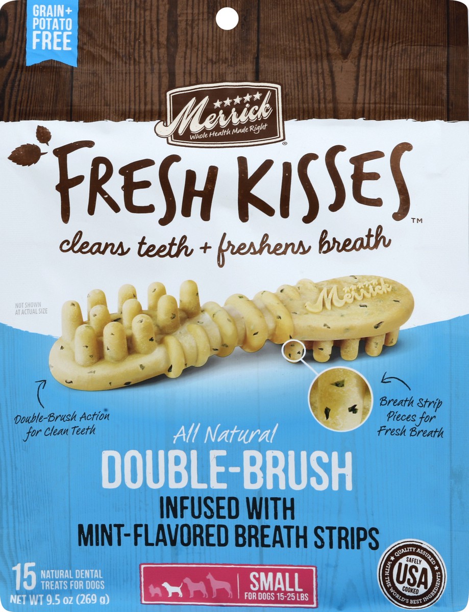 slide 2 of 4, Merrick Fresh Kisses Natural Dental Chews, Toothbrush Treat Shape Infused With Real Mint, Small Dogs 15-25 Lbs, 9.5 oz