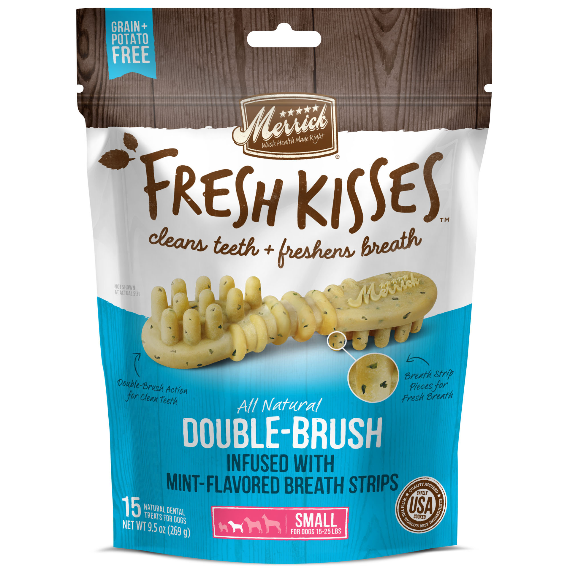 slide 1 of 4, Merrick Fresh Kisses Double-Brush Dental Dog Treats With Mint Breath Strips For Small Breeds - 9.5 oz Bag with 15 Brushes, 9.5 oz