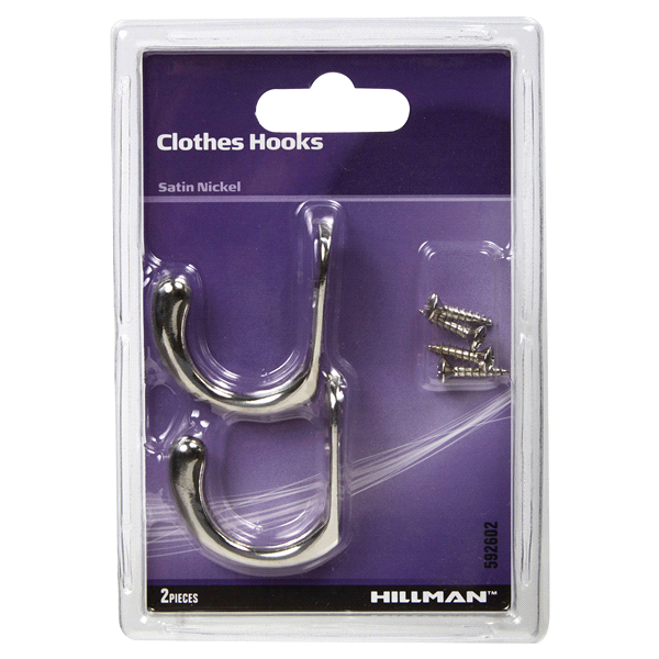 slide 1 of 1, Hillman Clothes Hook Satin Nickel, 2 ct