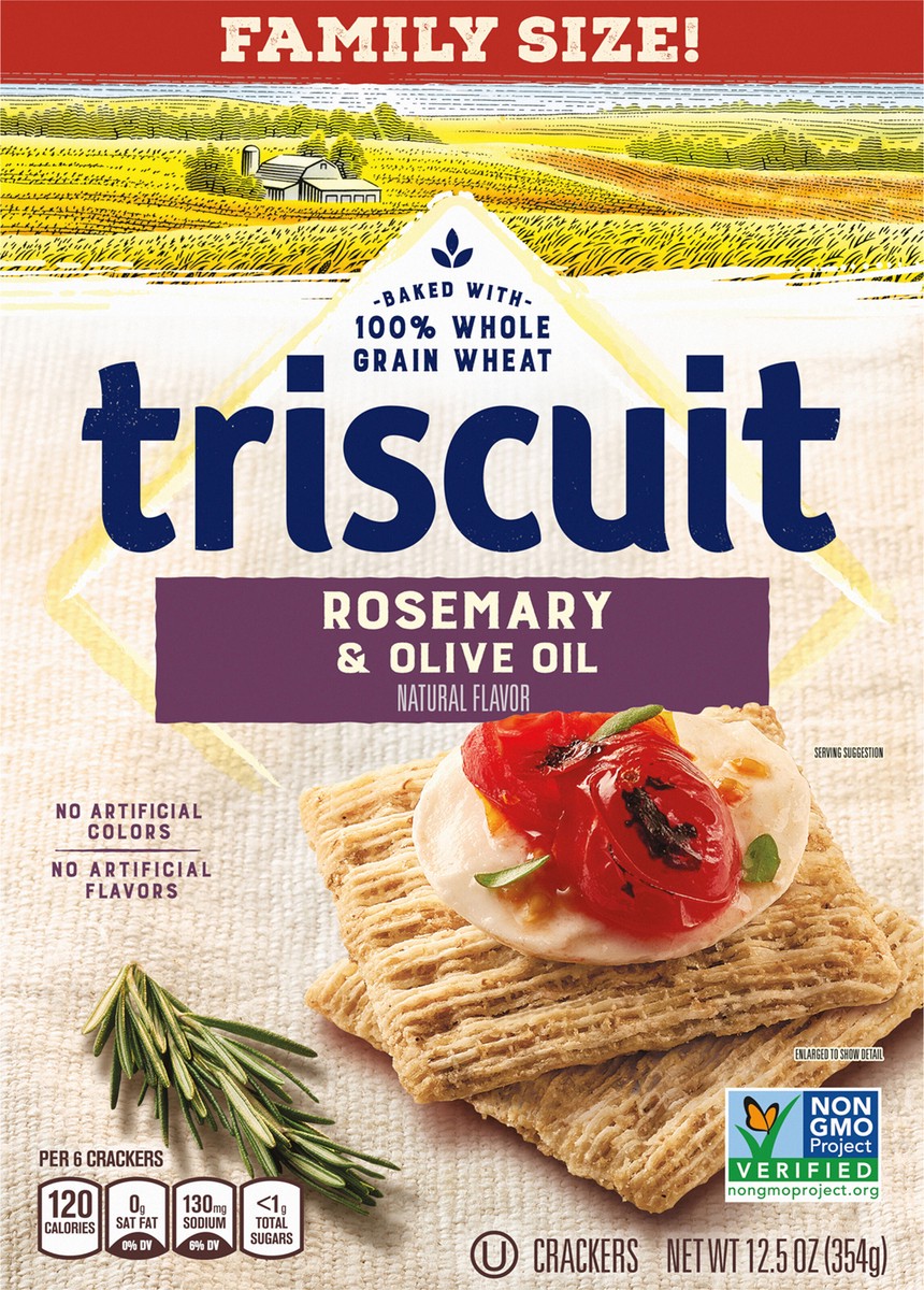 slide 3 of 9, Triscuit Rosemary & Olive Oil Whole Grain Wheat Crackers, Lunch Snacks, Snack Crackers, Family Size, 12.5 oz, 12.5 oz