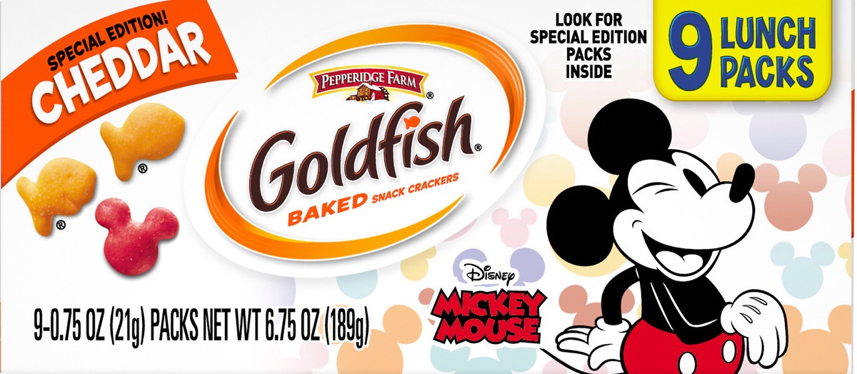 slide 3 of 10, Goldfish 9 Lunch Packs Mickey Mouse Cheddar Baked Snack Crackers 9 ea, 9 ct