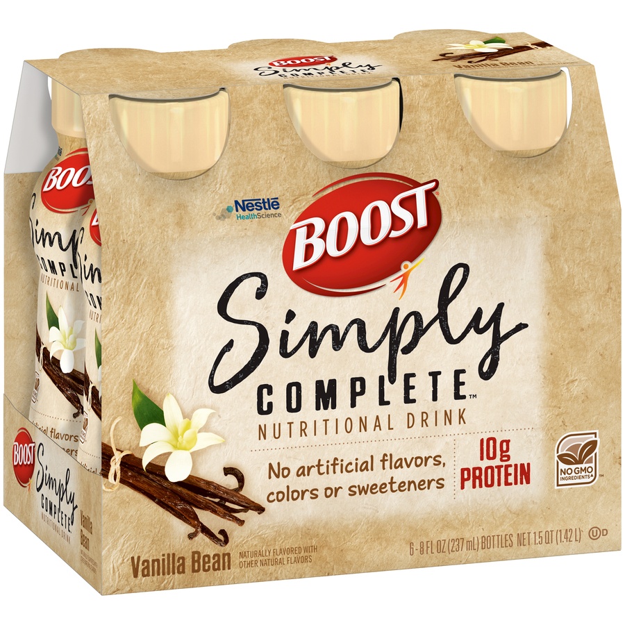 slide 2 of 8, Boost Simply Complete Nutritional Shake - Vanilla Bean, 6 ct; 8 fl oz
