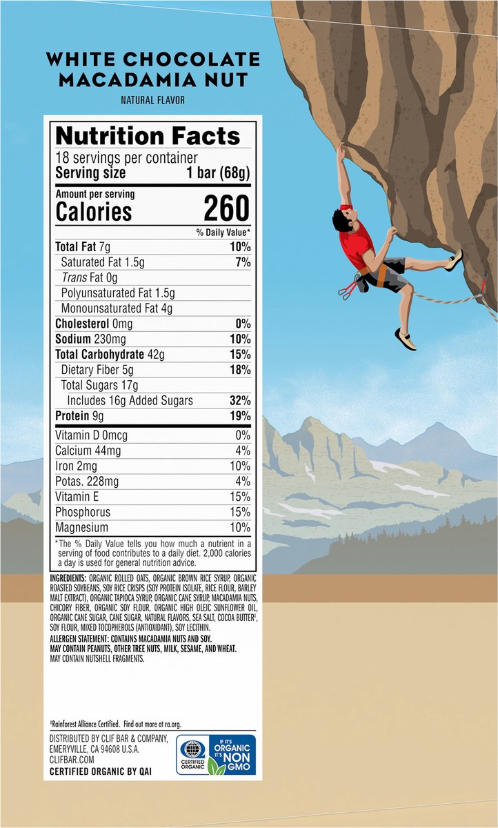 slide 7 of 9, CLIF BAR - White Chocolate Macadamia Nut Flavor - Made with Organic Oats - Non-GMO - Plant Based - Energy Bars - 2.4 oz. (18 Pack), 18 ct