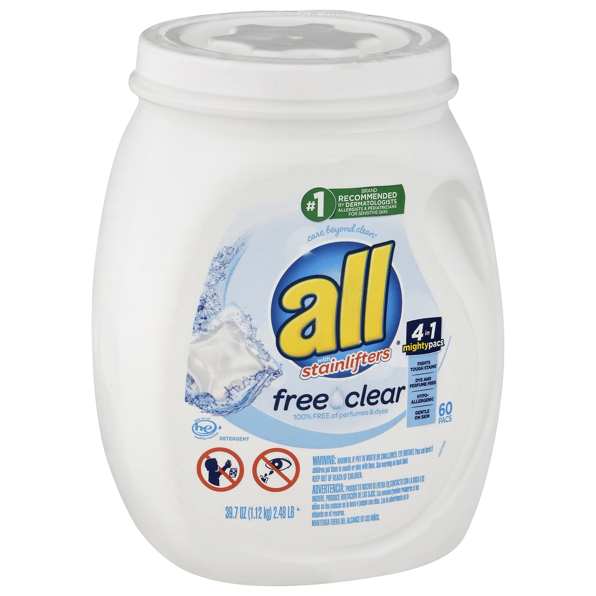 slide 2 of 8, All 4-in-1 Free & Clear with Stain Lifters HE Laundry Detergent Pacs, 60 ct