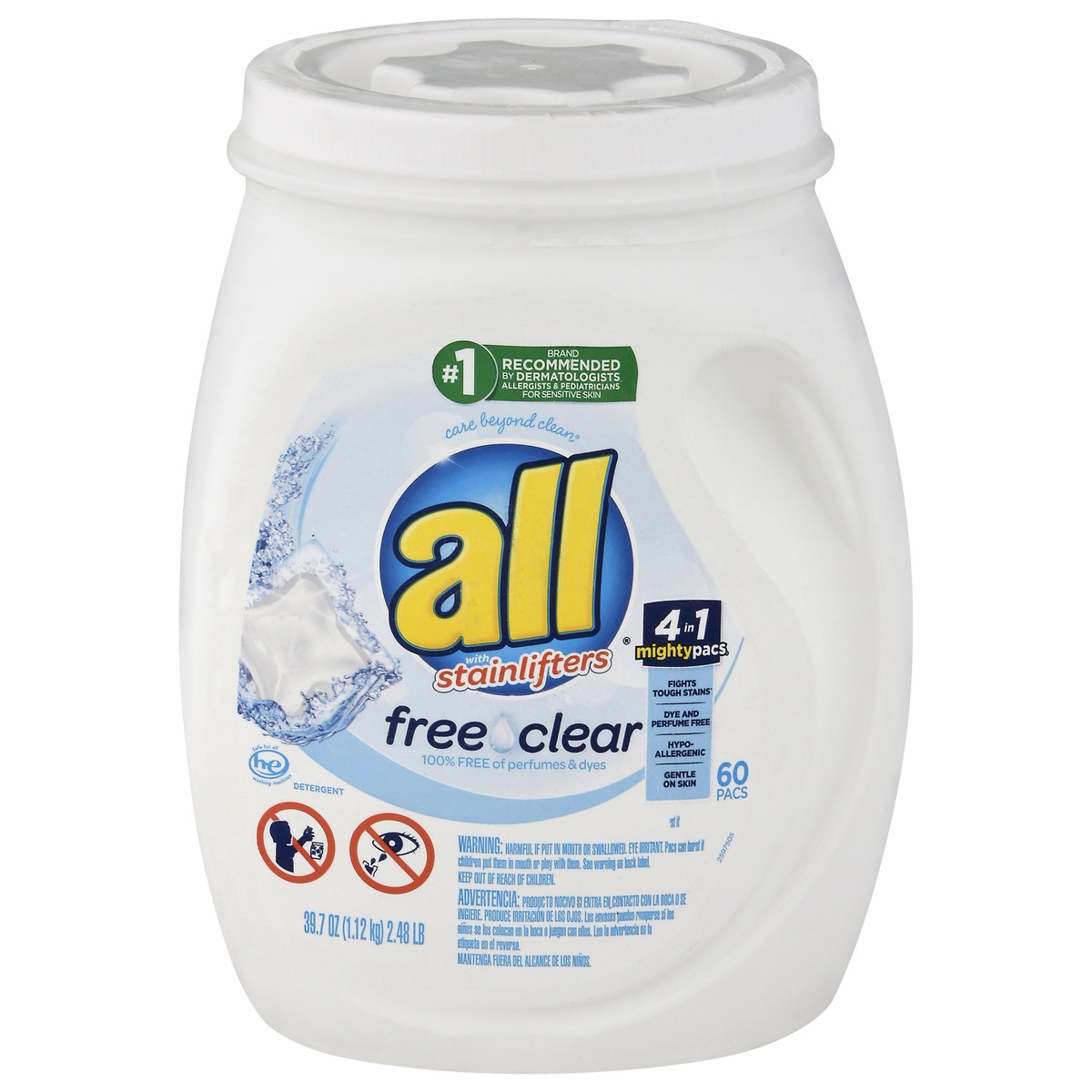 slide 1 of 8, All 4-in-1 Free & Clear with Stain Lifters HE Laundry Detergent Pacs, 60 ct