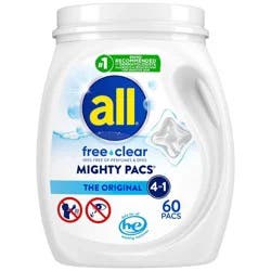 All Unit Dose Laundry Detergent, Mighty Pacs, Free Clear, 60 Count