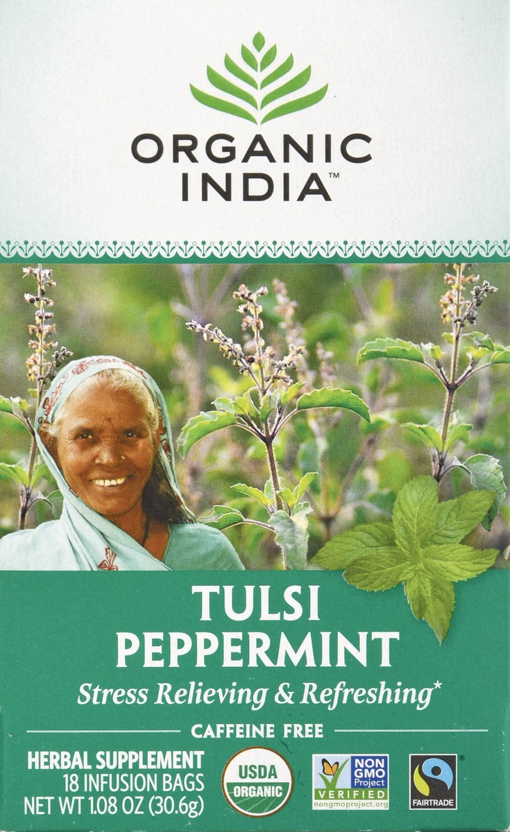 slide 1 of 13, Organic India Caffeine Free Infusion Bags Tulsi Peppermint Herbal Supplement - 18 ct, 18 ct