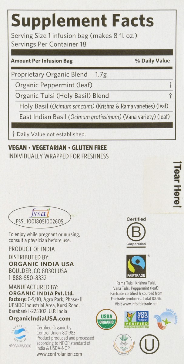 slide 12 of 13, Organic India Caffeine Free Infusion Bags Tulsi Peppermint Herbal Supplement - 18 ct, 18 ct