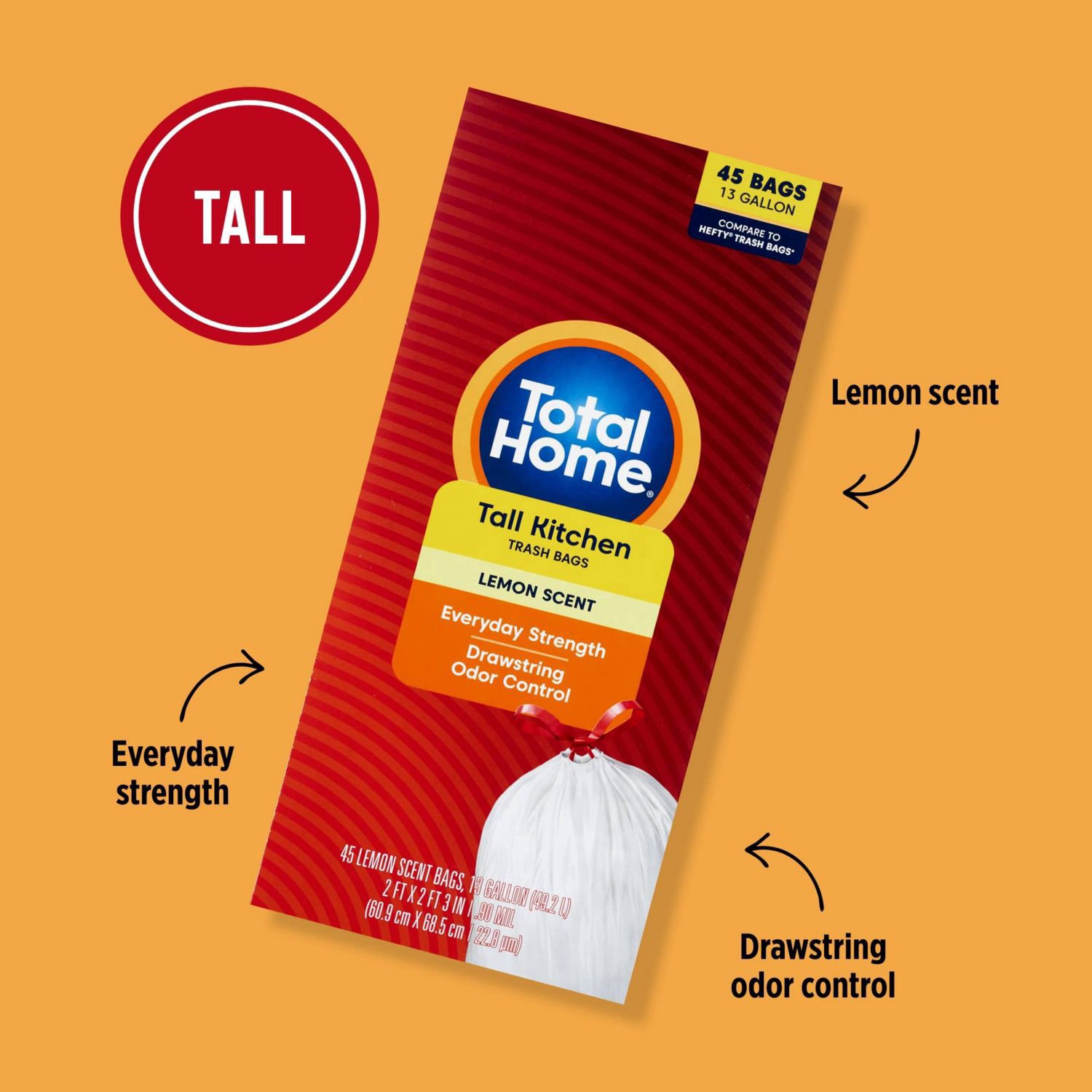 slide 6 of 6, Total Home Drawstring Tall Kitchen Trash Bags, Odor Control, 45 Ct, 45 ct