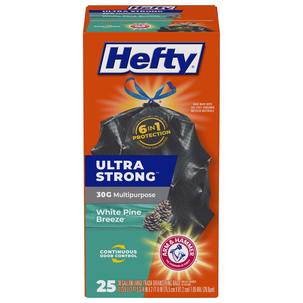 slide 1 of 9, Hefty Ultra Strong 30 Gallon Large Drawstring White Pine Breeze Trash Bags - 25 ct, 1.978 lb
