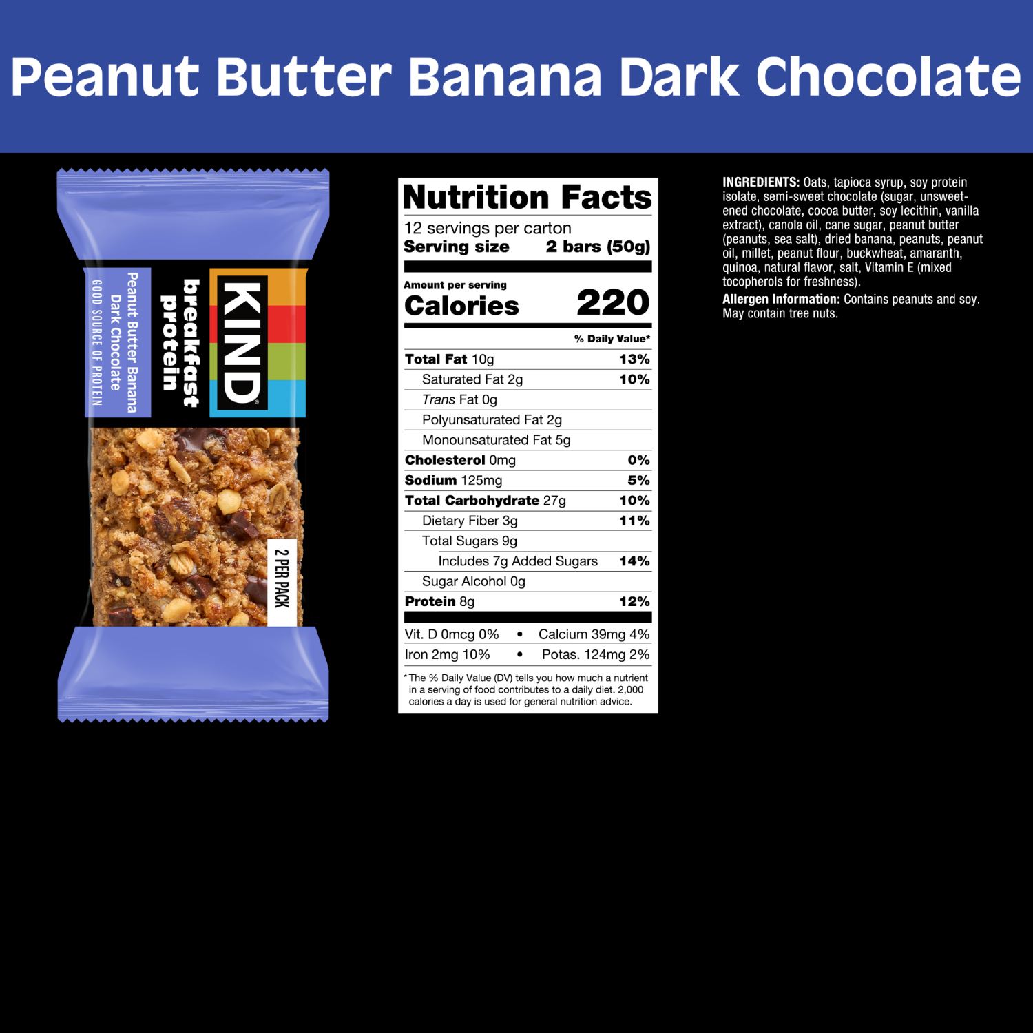 slide 4 of 8, Kind Breakfast Protein Peanut Butter & Banana Dark Chocolate Bars 12 Count, 21.16 oz