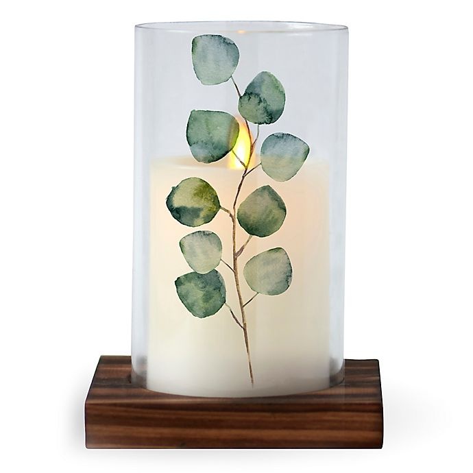 slide 1 of 4, Luminara Small Eucalyptus Glass Hurricane with Real-Flame Effect Pillar Candle, 1 ct