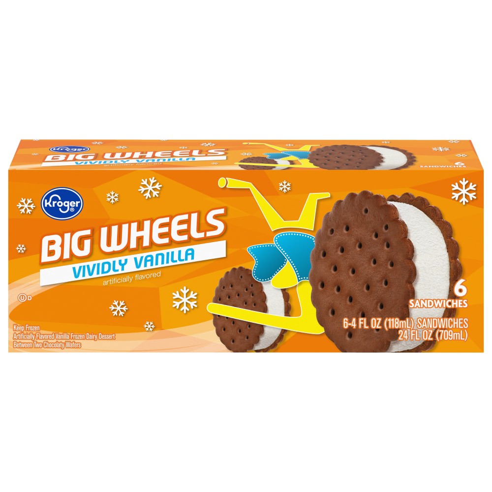 slide 1 of 6, Kroger Big Wheels Vividly Vanilla Round Ice Cream Sandwiches, 6 ct