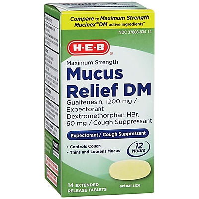 slide 1 of 1, H-E-B Mucus Relief DM Cough And Expectorant Max Strength, 14 ct