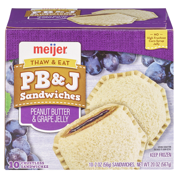 slide 1 of 1, Meijer Thaw & Eat PB&J Sandwiches - Peanut Butter & Grape Jelly, 10Sandwiches, 20 oz