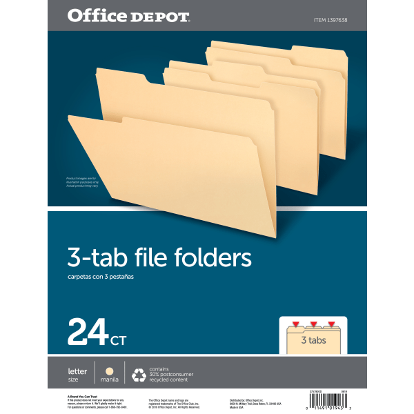 slide 2 of 3, Office Depot® Brand File Folders, 1/3 Tab Cut, Letter Size, Manila, Pack of 24 Folders, 24 ct