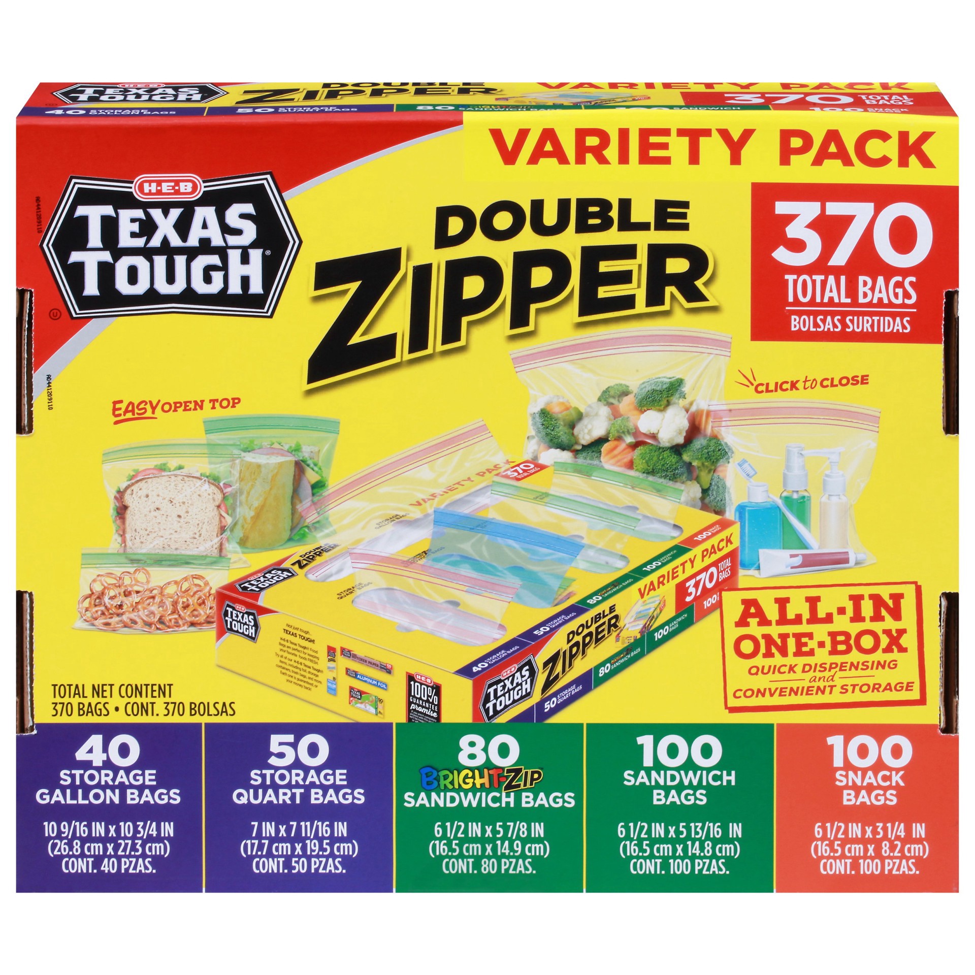 slide 1 of 1, H-E-B Texas Tough Double Zipper Bags Variety Pack, 370 ct