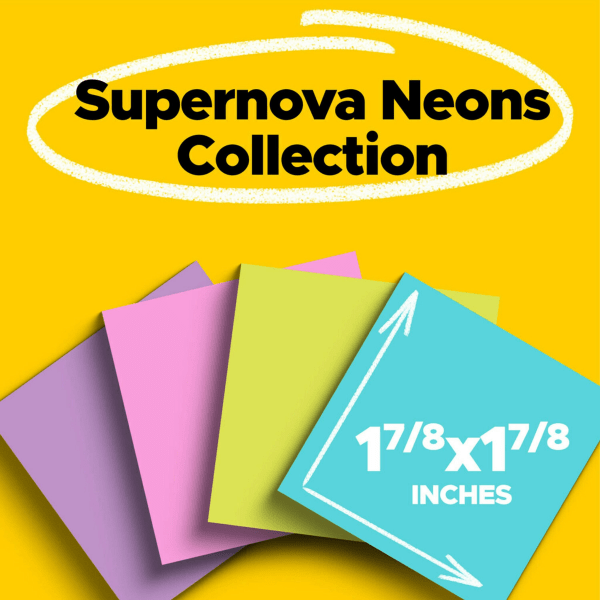 slide 9 of 9, Post-it® Super Sticky Notes, 18 Pads, 1 7/8 in x 1 7/8 in, 2x the Sticking Power, School Supplies and Office Products, Sticky Notes for Vertical Surfaces, Monitors, Walls and Windows, Supernova Neons Collection, 18 ct