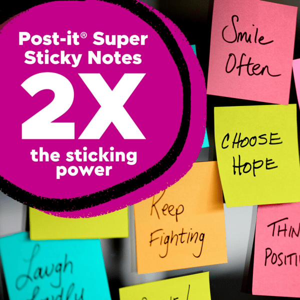 slide 8 of 9, Post-it® Super Sticky Notes, 18 Pads, 1 7/8 in x 1 7/8 in, 2x the Sticking Power, School Supplies and Office Products, Sticky Notes for Vertical Surfaces, Monitors, Walls and Windows, Supernova Neons Collection, 18 ct