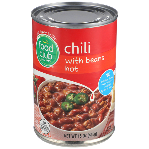 slide 1 of 1, Food Club Hot Chili With Beans, 15 oz