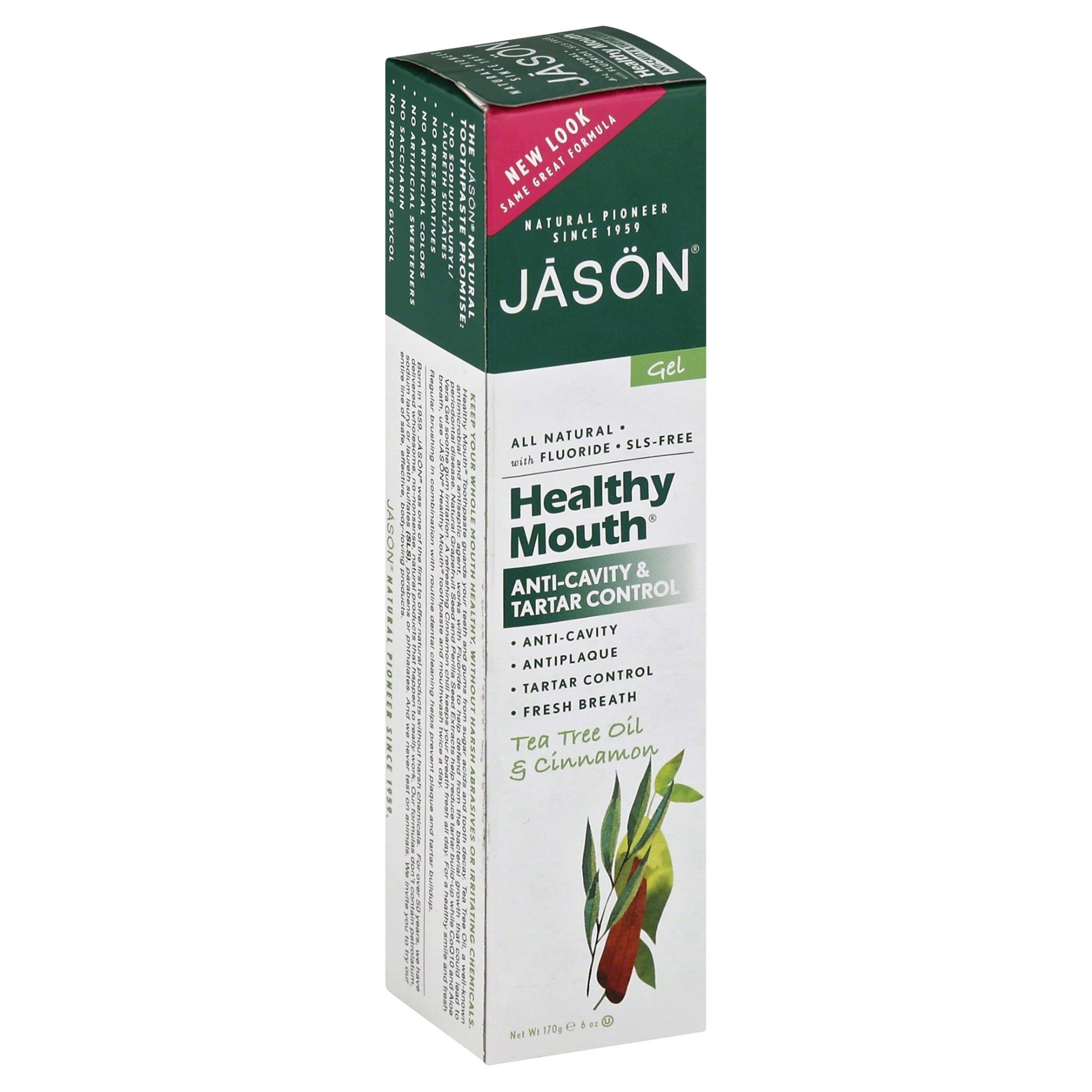 slide 1 of 8, Jason JĀSON Healthy Mouth Tea Tree Oil & Cinnamon Anti-Cavity & Tartar Control Gel 6 oz. Box, 6 oz