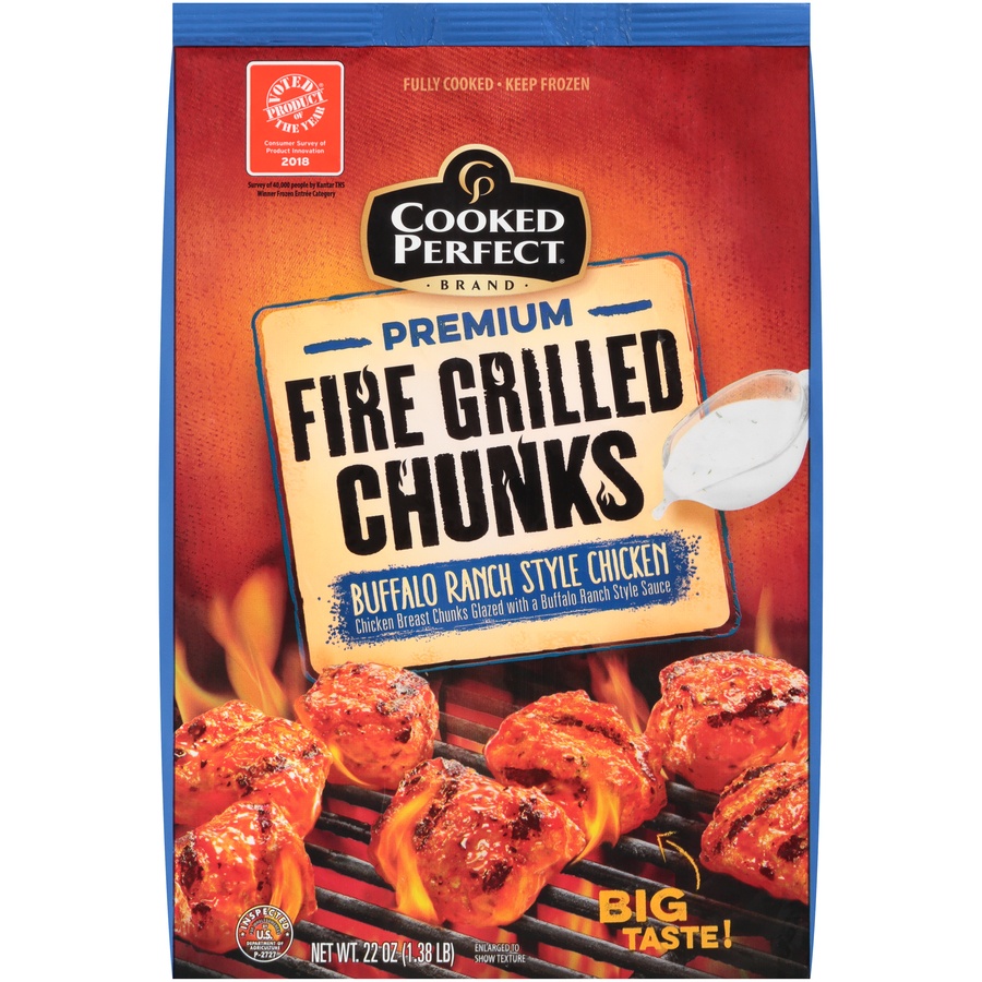 slide 1 of 8, Cooked Perfect Buffalo Ranch Style Fire Grilled Chicken Chunks, 22 oz