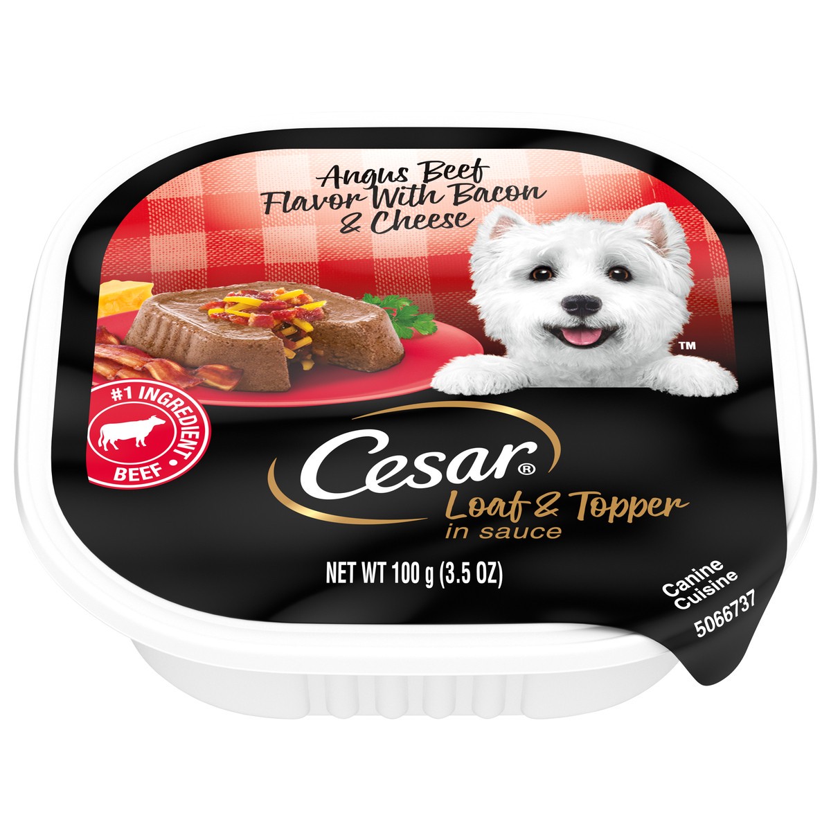slide 1 of 9, Cesar Loaf & Topper Angus Beef Flavor with Bacon & Cheese in Sauce Canine Cuisine 3.5 oz, 3.5 oz