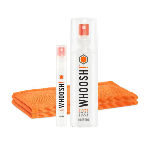 slide 1 of 1, WHOOSH! Spray Cleaner with Microfiber Cloth, Duo, 0.3 oz; 3.4 oz