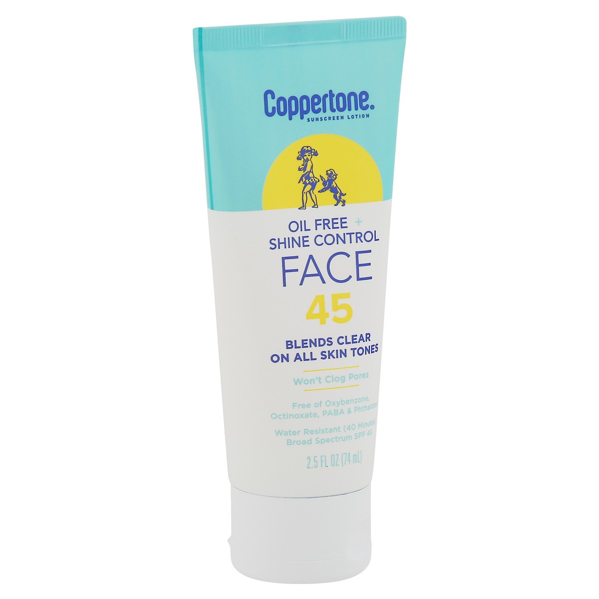 slide 3 of 9, Coppertone Face Oil Free + Shine Control Broad Spectrum SPF 45 Sunscreen Lotion 2.5 fl oz, 2.5 oz
