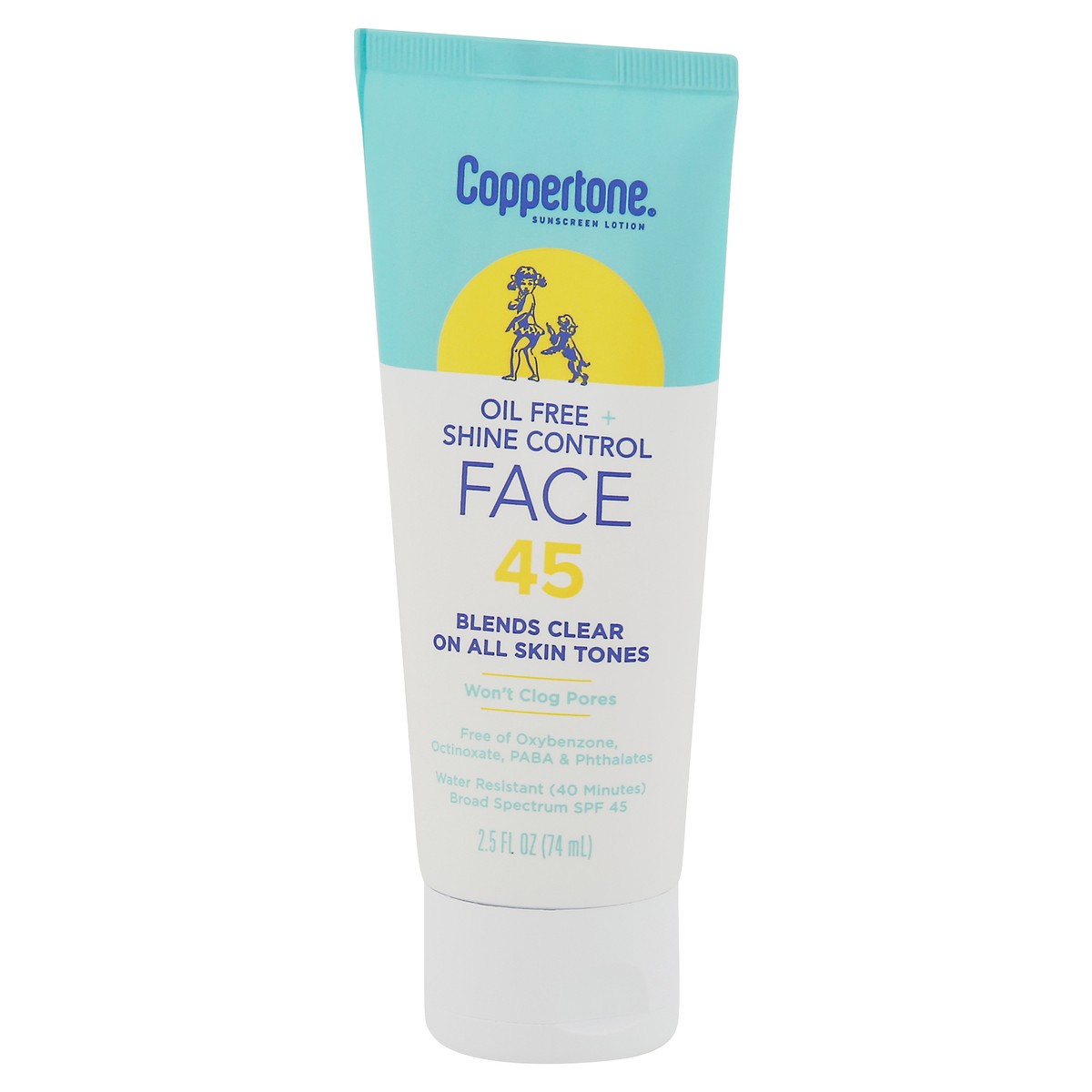 slide 5 of 9, Coppertone Face Oil Free + Shine Control Broad Spectrum SPF 45 Sunscreen Lotion 2.5 fl oz, 2.5 oz