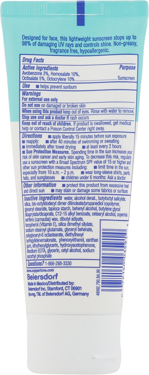 slide 4 of 9, Coppertone Face Oil Free + Shine Control Broad Spectrum SPF 45 Sunscreen Lotion 2.5 fl oz, 2.5 oz