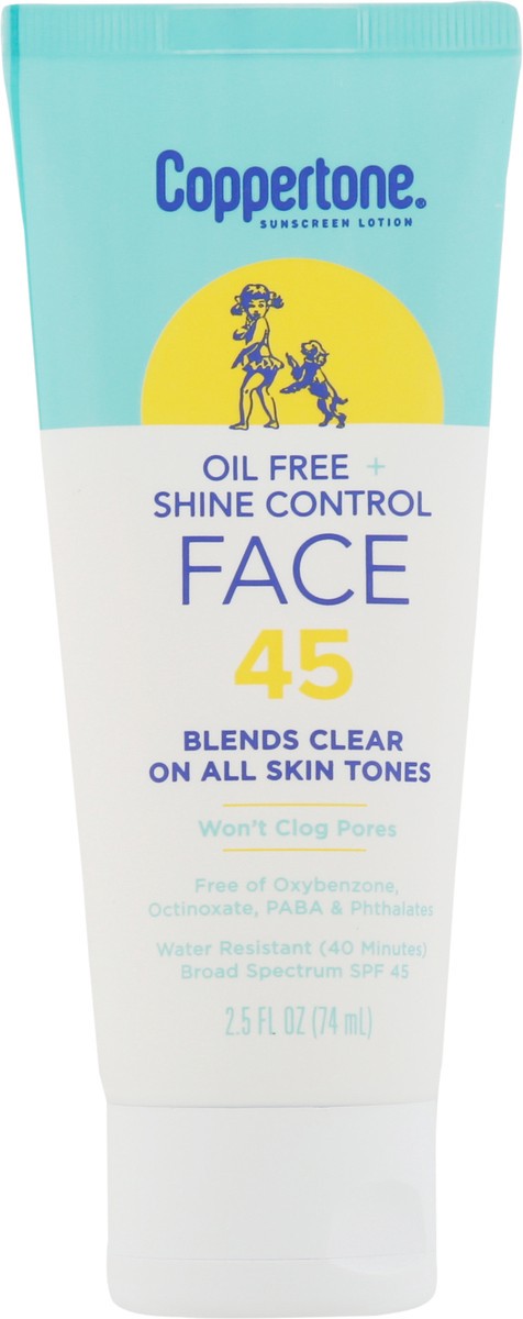 slide 6 of 9, Coppertone Face Oil Free + Shine Control Broad Spectrum SPF 45 Sunscreen Lotion 2.5 fl oz, 2.5 oz