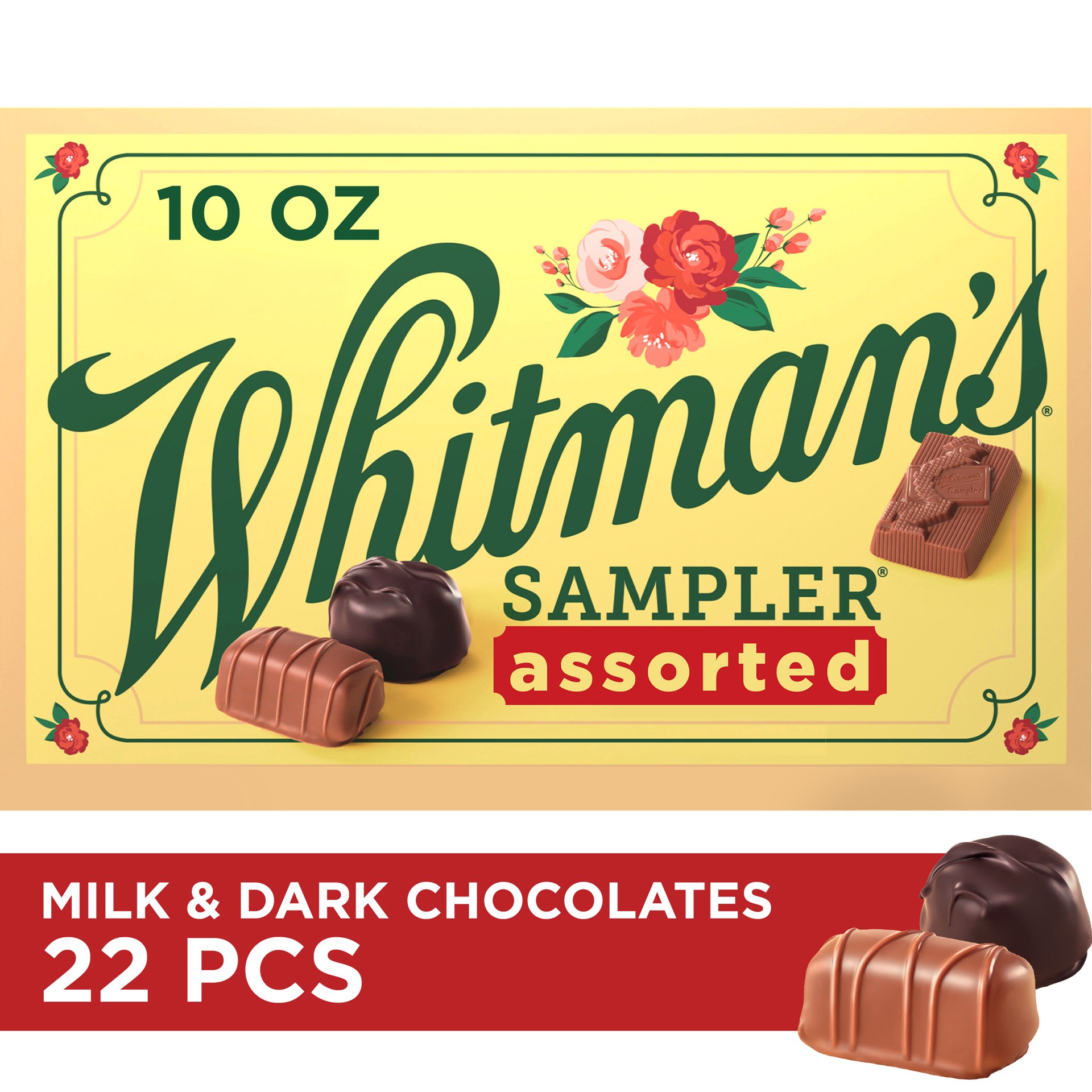 slide 1 of 1, WHITMAN''S SAMPLER Assorted Milk & Dark Chocolate Gift Box, 10 oz. (˜ 22 pieces), 10 oz