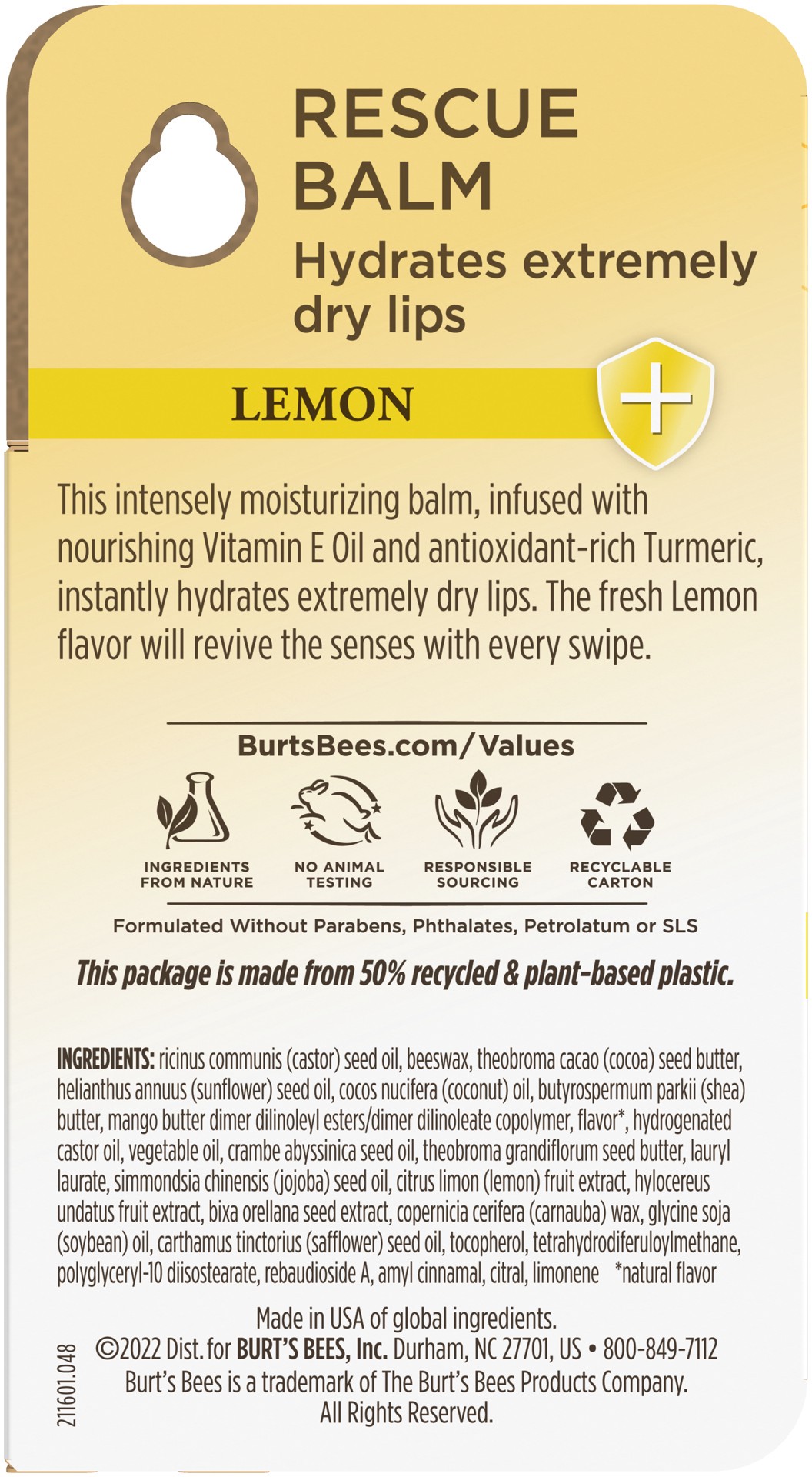 slide 3 of 5, Burt's Bees 100% Natural Origin Rescue Lip Balm With Beeswax and Antioxidant-Rich Turmeric Promotes Healing Of Extremely Dry Lips, Lemon, 1 Tube in Blister Box, 0.15 oz