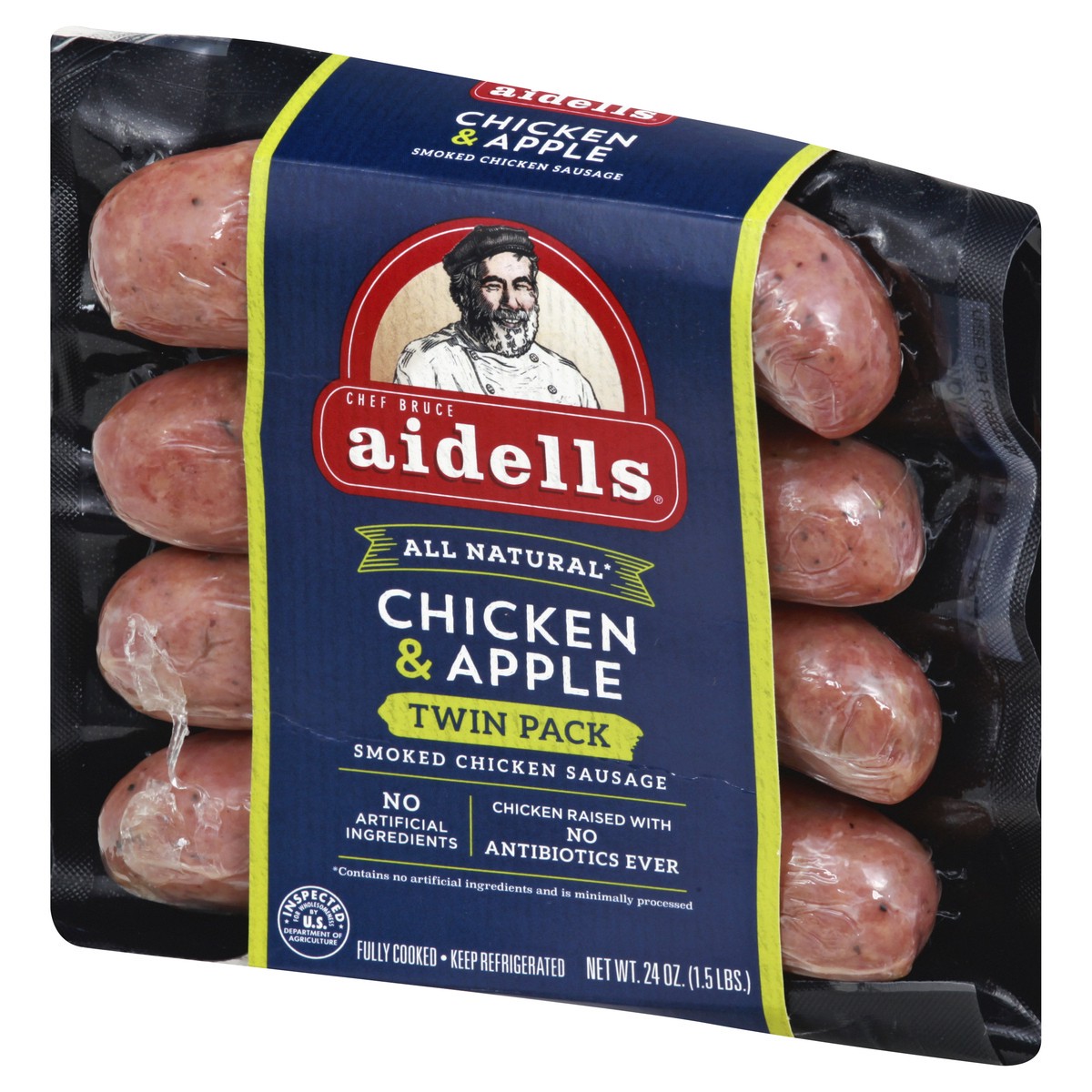 slide 2 of 10, Aidells Smoked Chicken Sausage, Chicken & Apple, Twin Pack, 24 oz. (8 Fully Cooked Links), 24 oz
