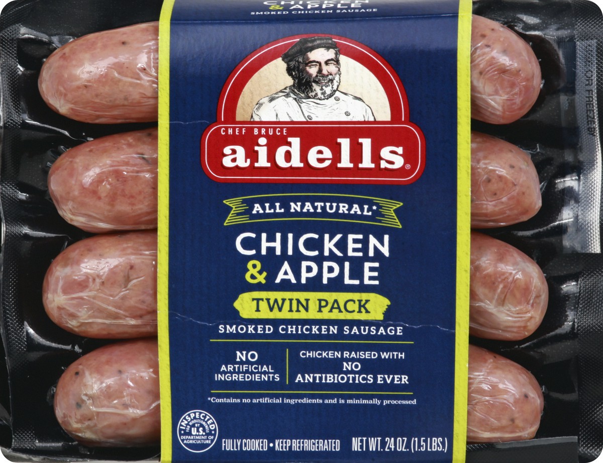 slide 5 of 10, Aidells Smoked Chicken Sausage, Chicken & Apple, Twin Pack, 24 oz. (8 Fully Cooked Links), 24 oz