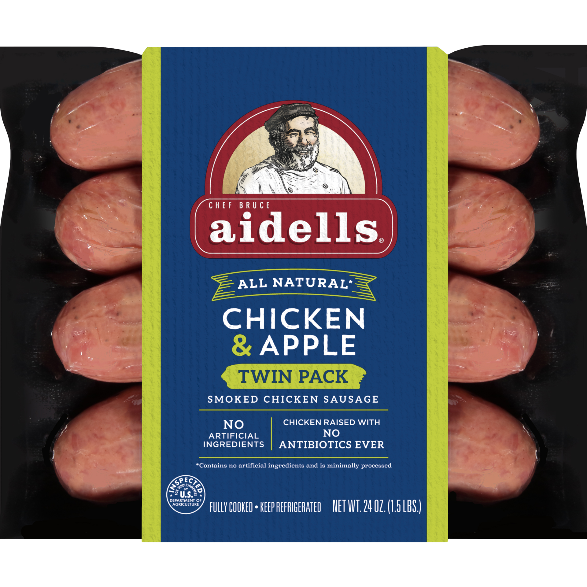 slide 1 of 10, Aidells Smoked Chicken Sausage, Chicken & Apple, Twin Pack, 24 oz. (8 Fully Cooked Links), 24 oz