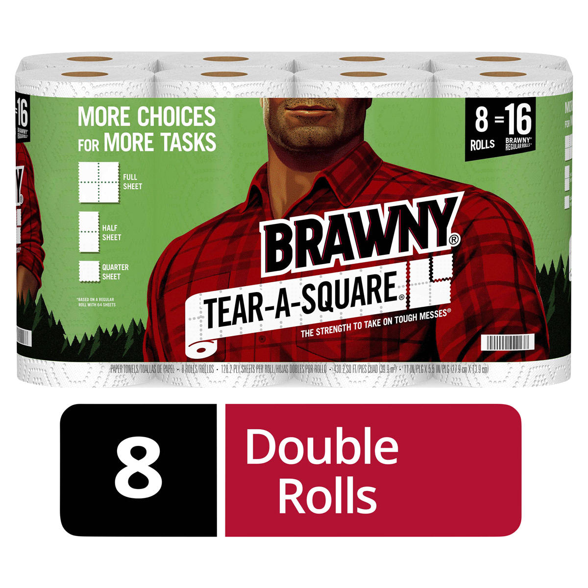 slide 1 of 1, Brawny White Tear-A-Square Paper Towels, 8 ct