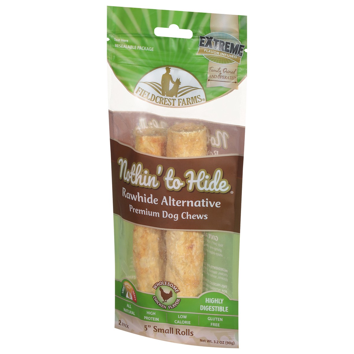 slide 9 of 9, Fieldcrest Farms Nothin To Hide Dog Chews, Premium, Rawhide Alternative, Chicken Flavor, 5 Inch Small Rolls, 2 Pack, 3.2 oz